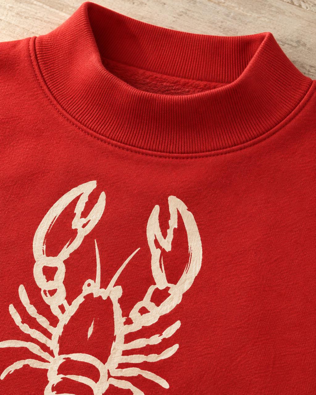 Close-up of the red ribbed mock-neck collar and cream lobster chest print