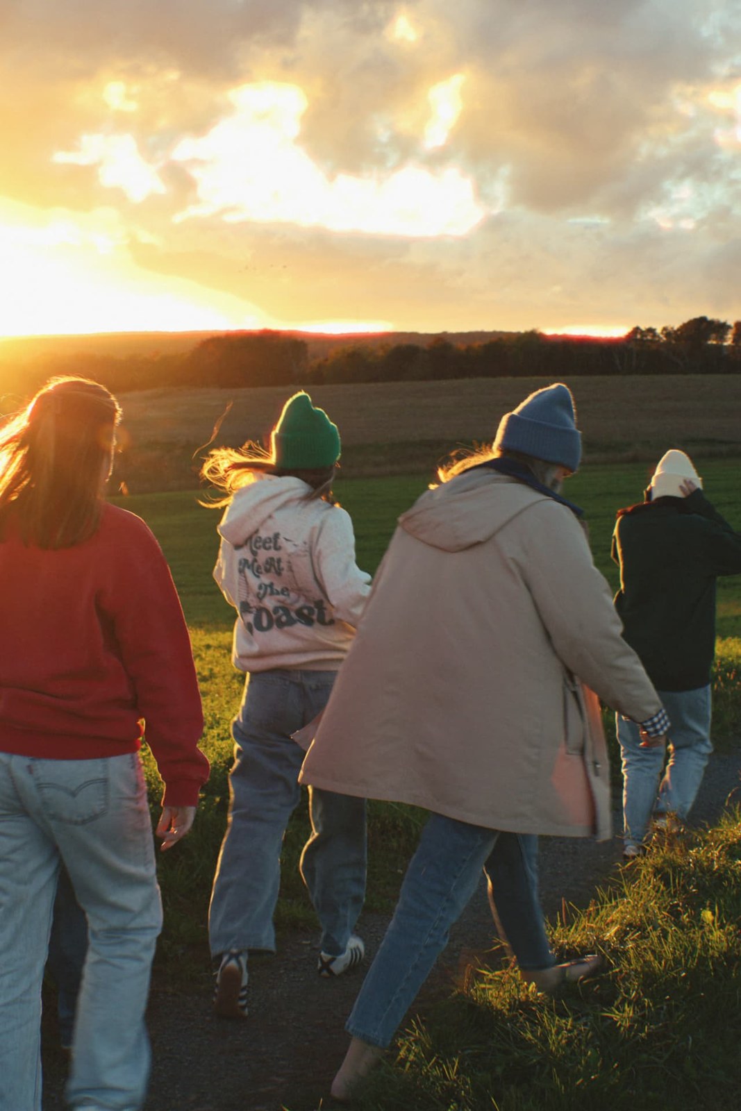 Four friends in sweatshirts, jackets and knit hats walking through a field beneath a golden sky